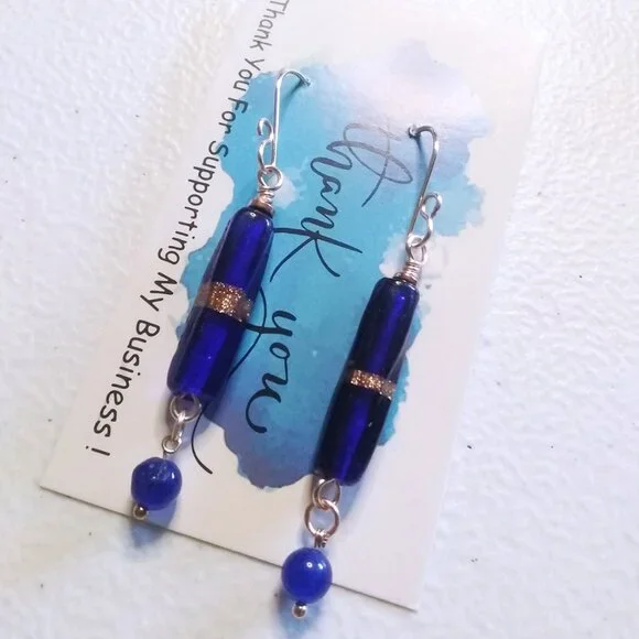 Deep Blue Slim Dangle Earrings - Sleek Trendy Versatile - Day or Night Wear - Picture 2 of 10
